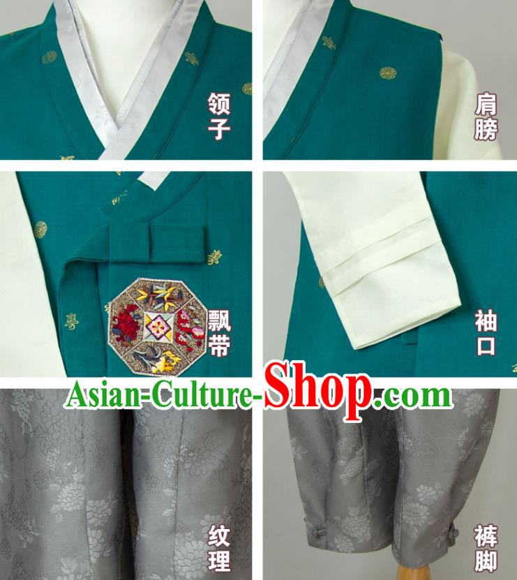 Korean Festival Clothing Wedding Hanbok Korea Young Man Green Vest Beige Shirt and Grey Pants Traditional Bridegroom Costumes