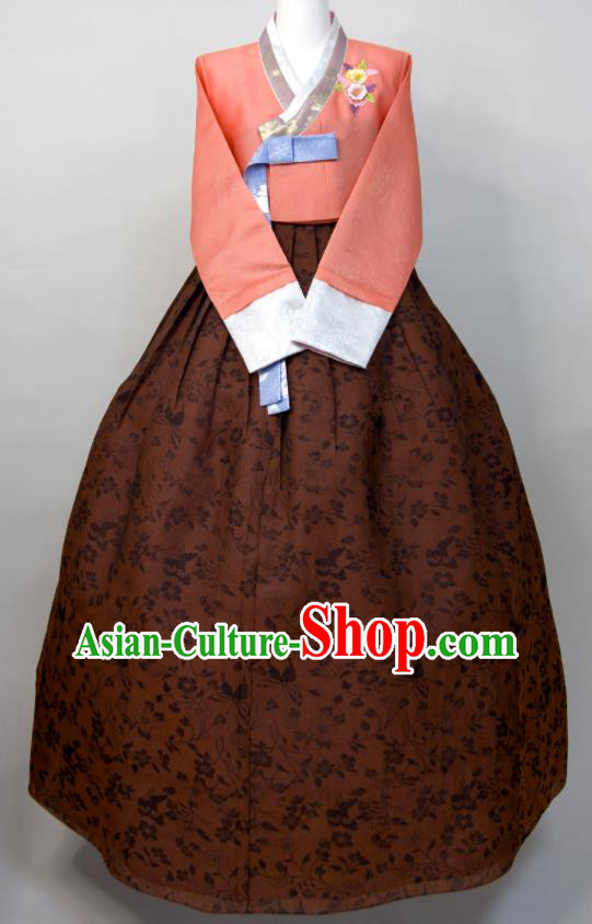 Korean Wedding Bride Costumes Court Ceremony Hanbok Festival Clothing Woman Traditional Fashion Orange Blouse and Brown Dress