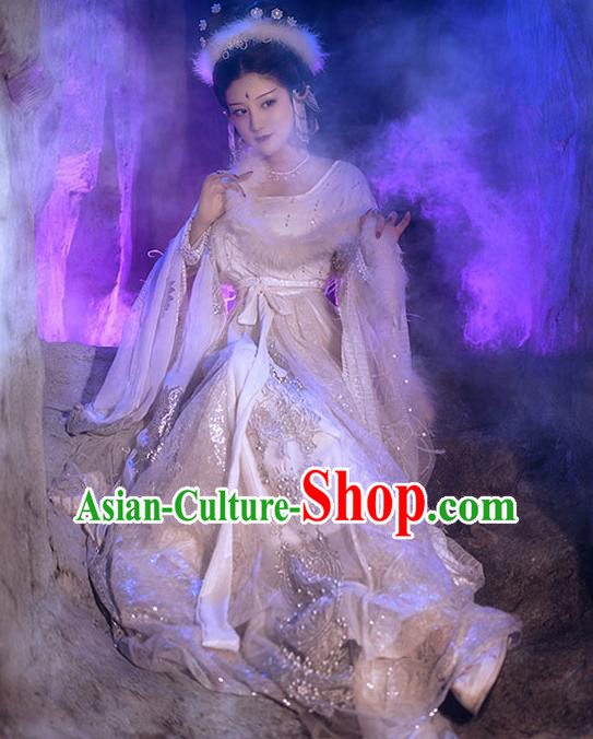 China Ancient Journey to the West Fox Fairy White Hanfu Dress Tang Dynasty Young Beauty Historical Garment Clothing