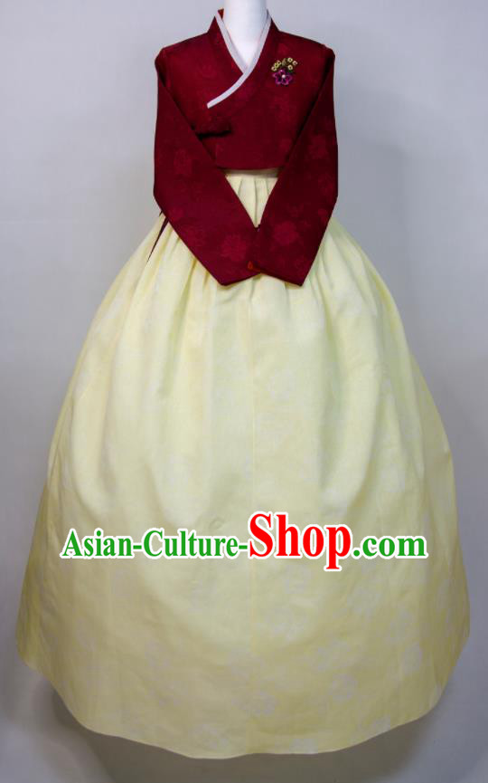 Korean Wedding Bride Fashion Costumes Traditional Festival Clothing Court Princess Hanbok Wine Red Blouse and Yellow Dress