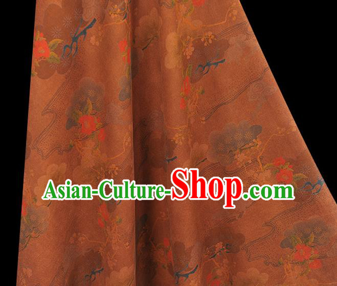 Chinese Silk Fabric Brown Gambiered Guangdong Gauze Cheongsam Cloth Traditional Flowers Pattern DIY Fabric
