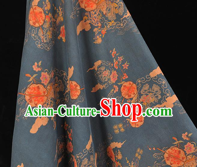 Chinese Cheongsam Silk Cloth Traditional Peony Fan Pattern DIY Fabric Blue Gambiered Guangdong Gauze
