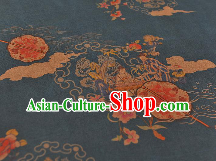 Chinese Cheongsam Silk Cloth Traditional Peony Fan Pattern DIY Fabric Blue Gambiered Guangdong Gauze