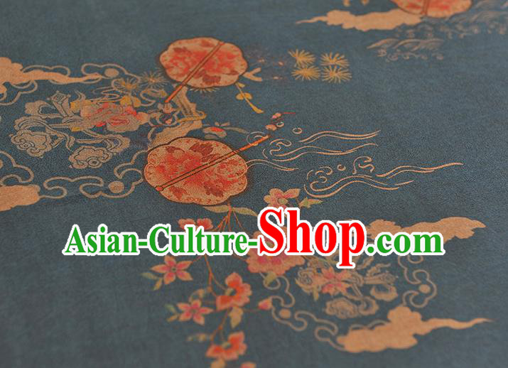 Chinese Cheongsam Silk Cloth Traditional Peony Fan Pattern DIY Fabric Blue Gambiered Guangdong Gauze