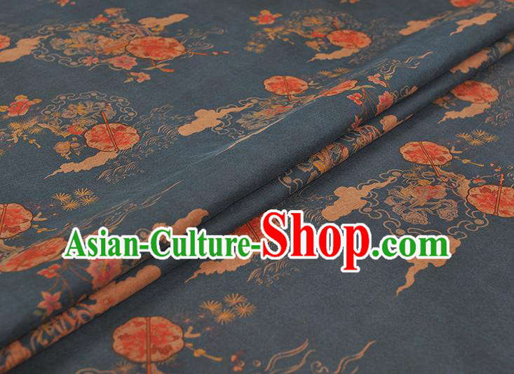 Chinese Cheongsam Silk Cloth Traditional Peony Fan Pattern DIY Fabric Blue Gambiered Guangdong Gauze