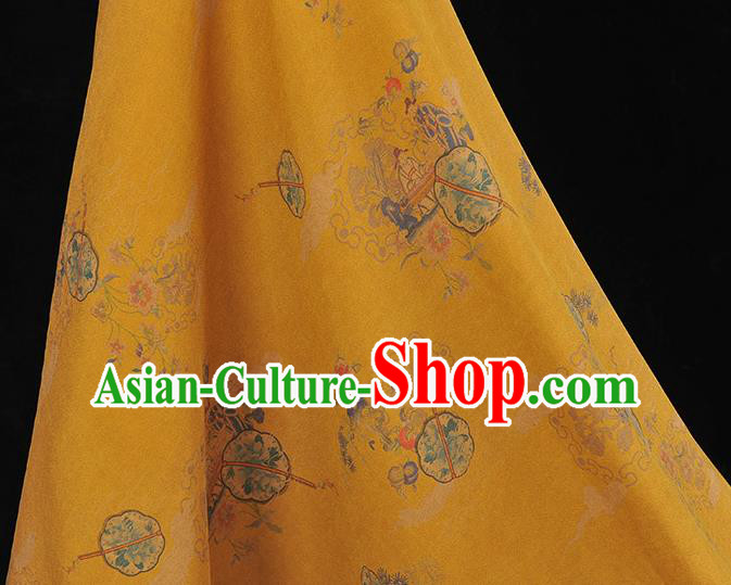 Chinese Yellow Gambiered Guangdong Gauze Cheongsam Silk Cloth Traditional Peony Fan Pattern DIY Fabric