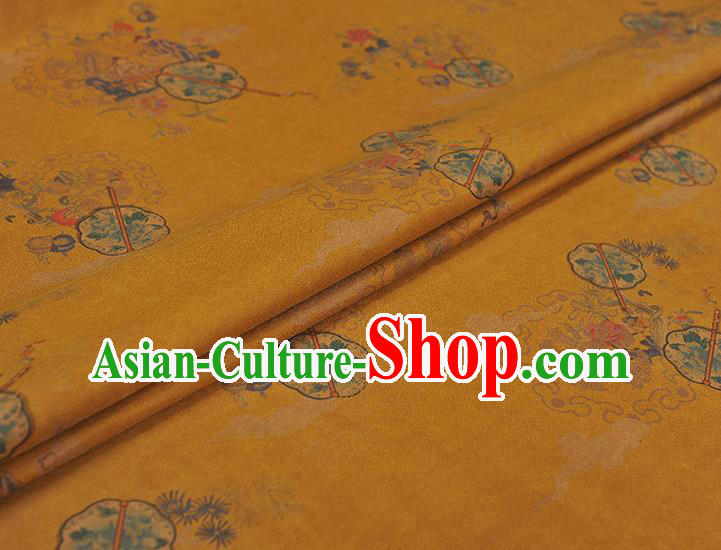 Chinese Yellow Gambiered Guangdong Gauze Cheongsam Silk Cloth Traditional Peony Fan Pattern DIY Fabric