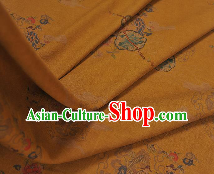Chinese Yellow Gambiered Guangdong Gauze Cheongsam Silk Cloth Traditional Peony Fan Pattern DIY Fabric