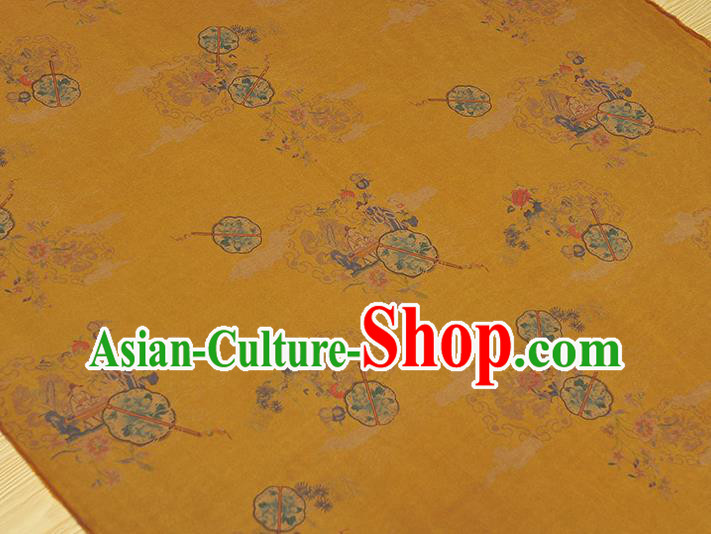 Chinese Yellow Gambiered Guangdong Gauze Cheongsam Silk Cloth Traditional Peony Fan Pattern DIY Fabric