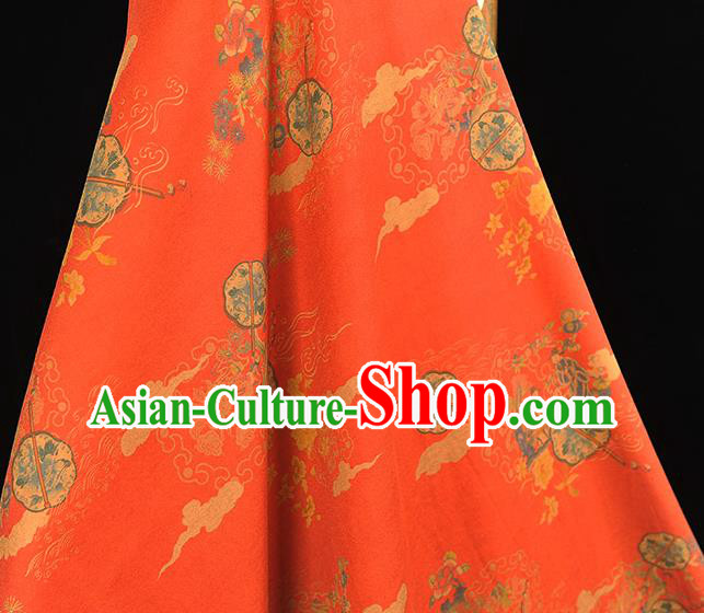 Chinese Traditional Peony Fan Pattern DIY Fabric Red Gambiered Guangdong Gauze Cheongsam Silk Cloth
