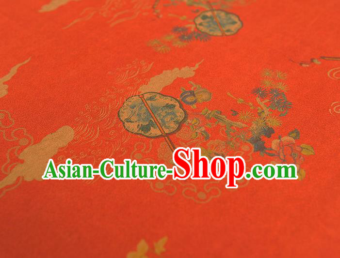 Chinese Traditional Peony Fan Pattern DIY Fabric Red Gambiered Guangdong Gauze Cheongsam Silk Cloth