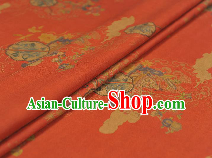 Chinese Traditional Peony Fan Pattern DIY Fabric Red Gambiered Guangdong Gauze Cheongsam Silk Cloth