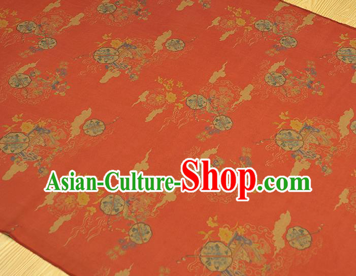 Chinese Traditional Peony Fan Pattern DIY Fabric Red Gambiered Guangdong Gauze Cheongsam Silk Cloth