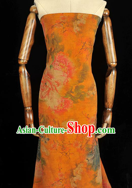 Chinese Cheongsam Silk Cloth Traditional Rich Peony Pattern DIY Dress Fabric Orange Gambiered Guangdong Gauze