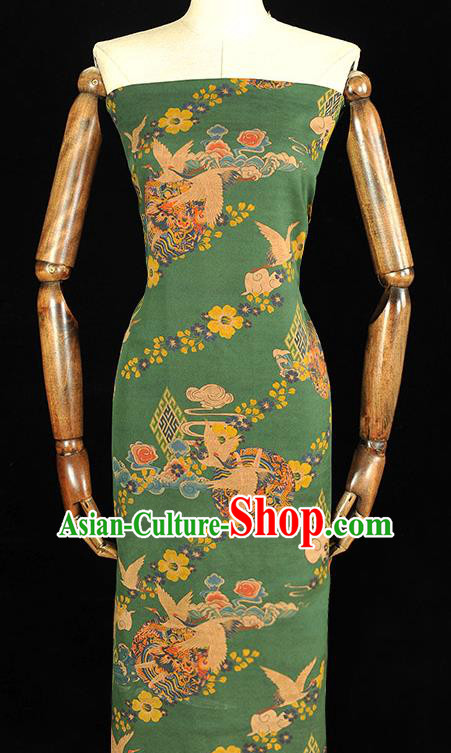 Chinese Cheongsam Silk Cloth Green Gambiered Guangdong Gauze Traditional Cranes Pattern DIY Dress Fabric