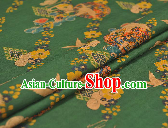 Chinese Cheongsam Silk Cloth Green Gambiered Guangdong Gauze Traditional Cranes Pattern DIY Dress Fabric