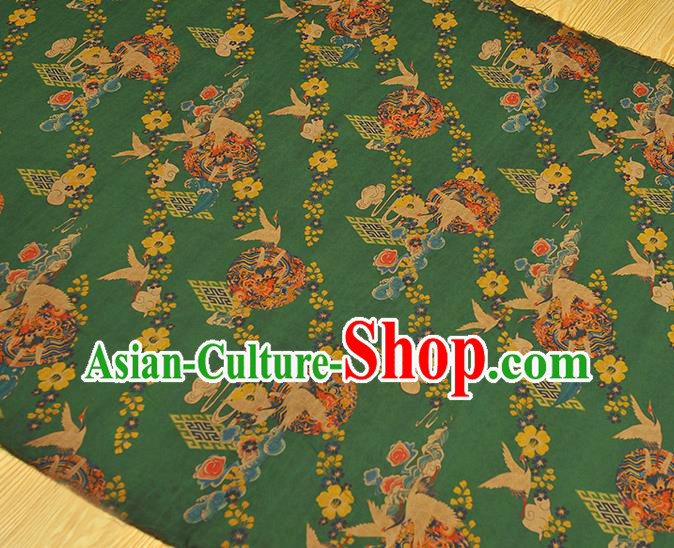 Chinese Cheongsam Silk Cloth Green Gambiered Guangdong Gauze Traditional Cranes Pattern DIY Dress Fabric