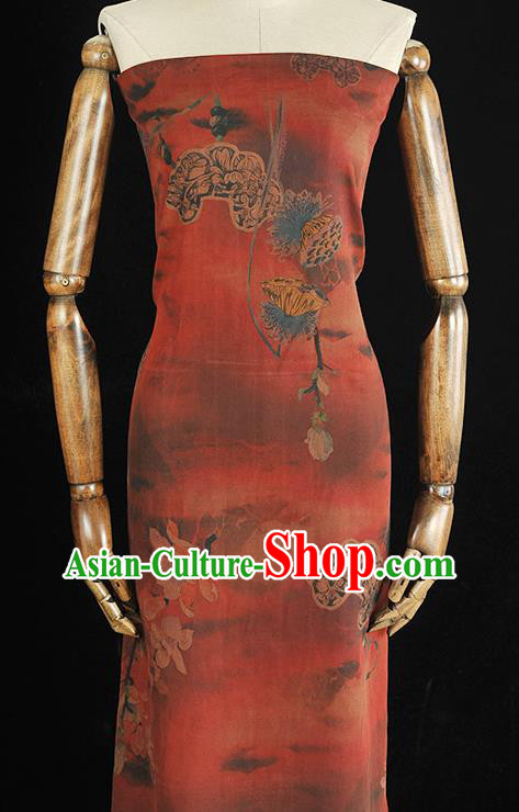 Chinese Traditional Lotus Mangnolia Pattern DIY Dress Fabric Cheongsam Silk Cloth Red Gambiered Guangdong Gauze