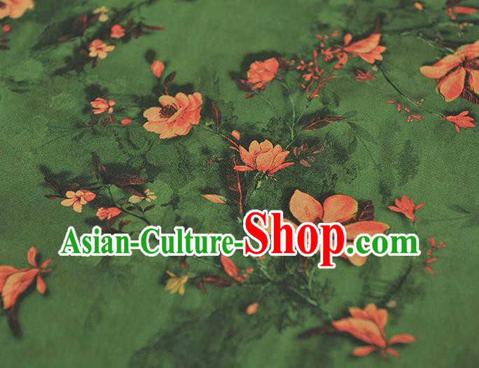Chinese Deep Green Gambiered Guangdong Gauze Cheongsam Silk Cloth Traditional Mangnolia Pattern DIY Fabric