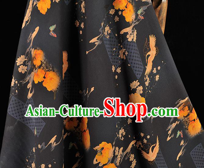 Chinese Black Gambiered Guangdong Gauze Traditional Cranes Pattern Dress Fabric DIY Cheongsam Silk Cloth