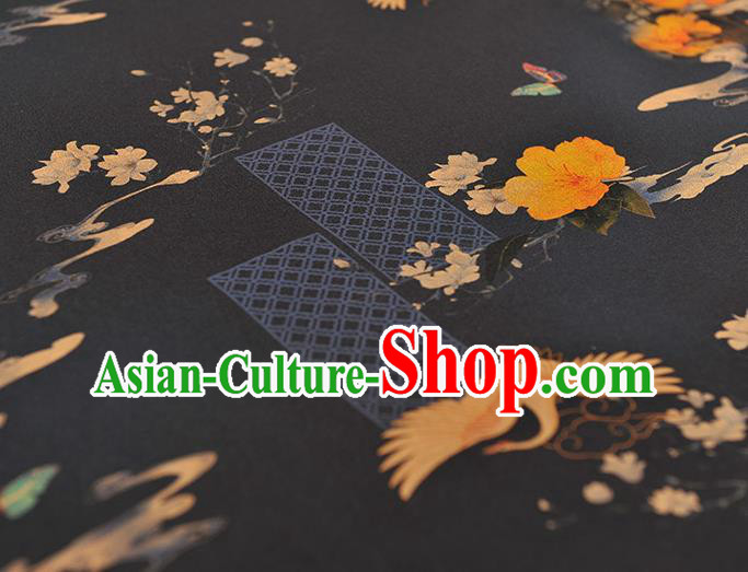 Chinese Black Gambiered Guangdong Gauze Traditional Cranes Pattern Dress Fabric DIY Cheongsam Silk Cloth