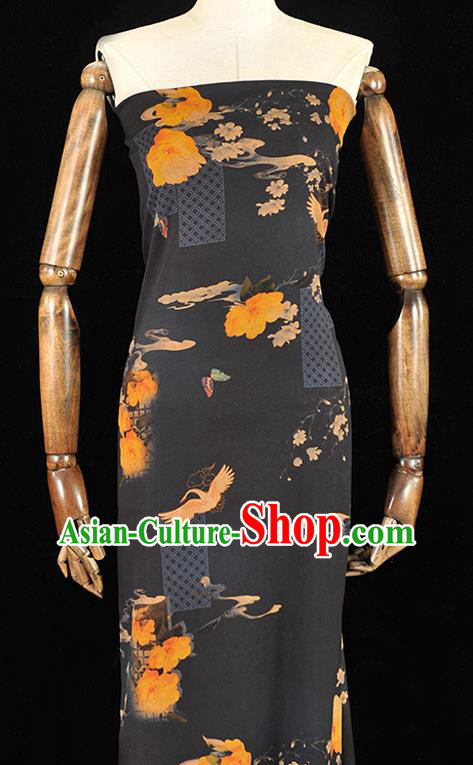 Chinese Black Gambiered Guangdong Gauze Traditional Cranes Pattern Dress Fabric DIY Cheongsam Silk Cloth