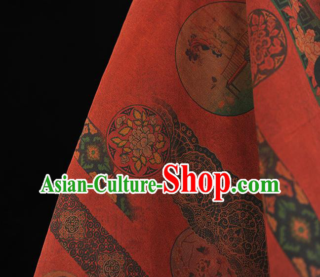 Chinese Dark Red Gambiered Guangdong Gauze Traditional Flowers Pattern Dress Fabric Cheongsam Silk Cloth