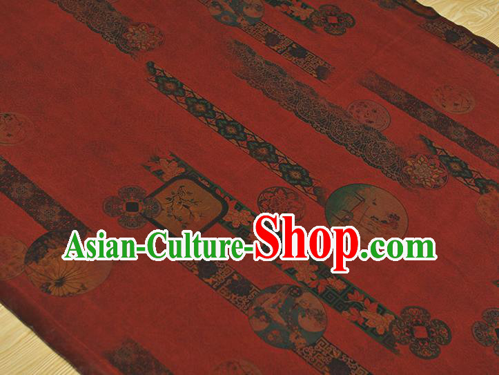 Chinese Dark Red Gambiered Guangdong Gauze Traditional Flowers Pattern Dress Fabric Cheongsam Silk Cloth