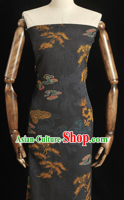 Chinese Cheongsam Silk Cloth Black Gambiered Guangdong Gauze Traditional Dragon Phoenix Pattern Dress Fabric
