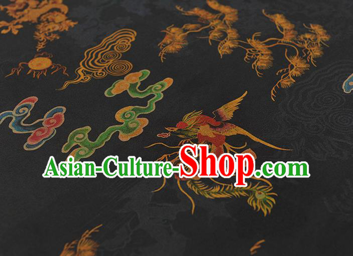Chinese Cheongsam Silk Cloth Black Gambiered Guangdong Gauze Traditional Dragon Phoenix Pattern Dress Fabric