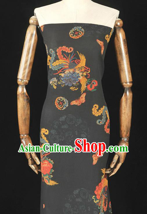 Chinese Cheongsam Silk Cloth Black Gambiered Guangdong Gauze Traditional Phoenix Pattern Dress Fabric