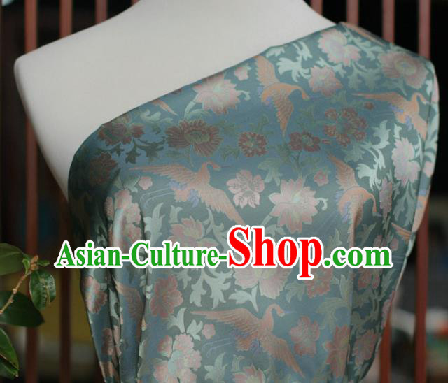 Chinese Traditional Cheongsam Jacquard Drapery Silk Fabric Classical Crane Peony Pattern Brocade Blue Satin Cloth