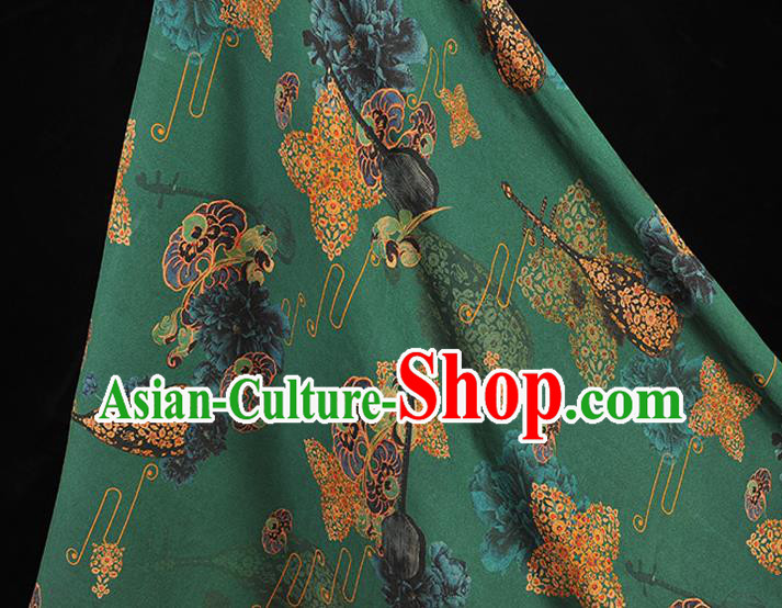 Chinese Green Gambiered Guangdong Gauze Traditional Pipa Lute Pattern Dress Fabric Cheongsam Silk Cloth