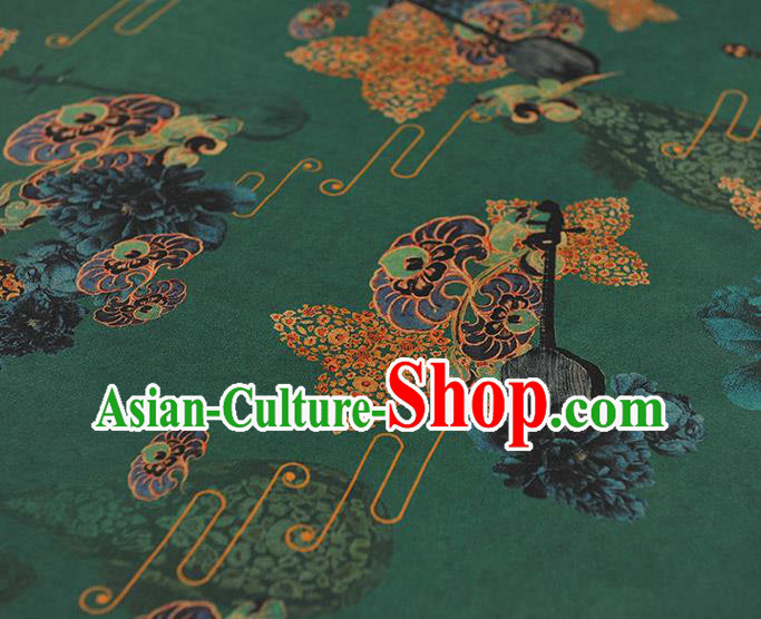 Chinese Green Gambiered Guangdong Gauze Traditional Pipa Lute Pattern Dress Fabric Cheongsam Silk Cloth