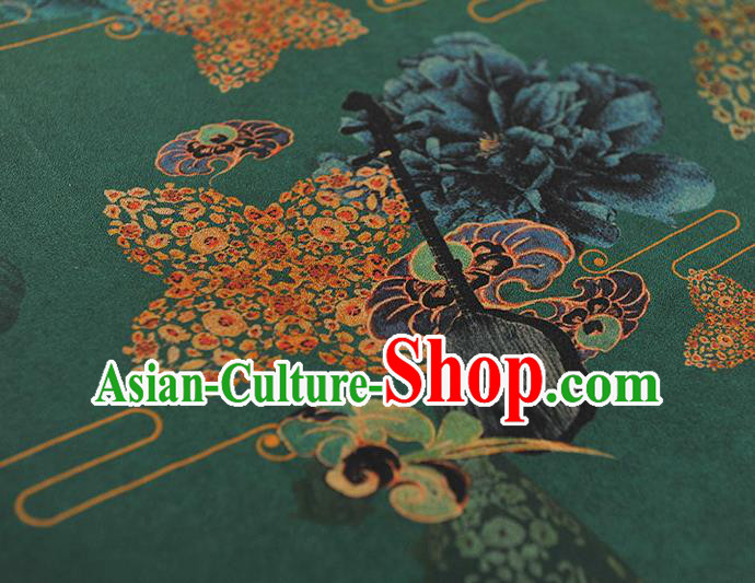 Chinese Green Gambiered Guangdong Gauze Traditional Pipa Lute Pattern Dress Fabric Cheongsam Silk Cloth