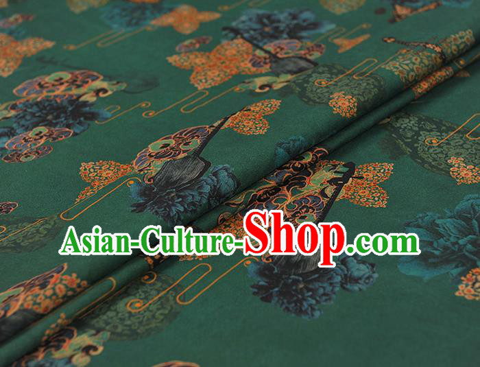 Chinese Green Gambiered Guangdong Gauze Traditional Pipa Lute Pattern Dress Fabric Cheongsam Silk Cloth