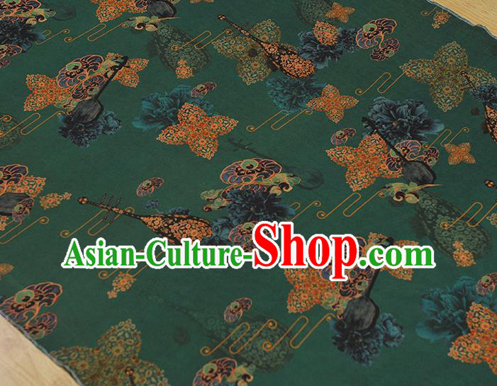 Chinese Green Gambiered Guangdong Gauze Traditional Pipa Lute Pattern Dress Fabric Cheongsam Silk Cloth
