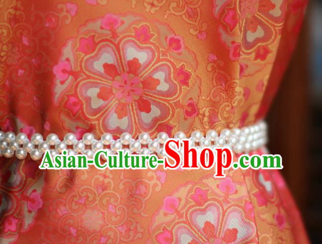Chinese Silk Fabric Classical Flowers Pattern Brocade Orange Tapestry Cloth Traditional Qipao Dress Drapery