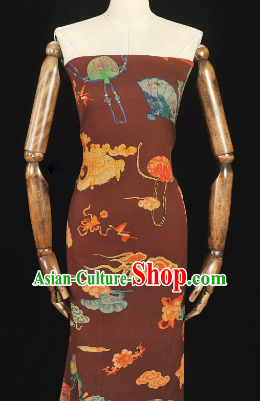 Chinese Traditional Folding Fan Pattern Dress Fabric Cheongsam Dark Red Silk Cloth Gambiered Guangdong Gauze