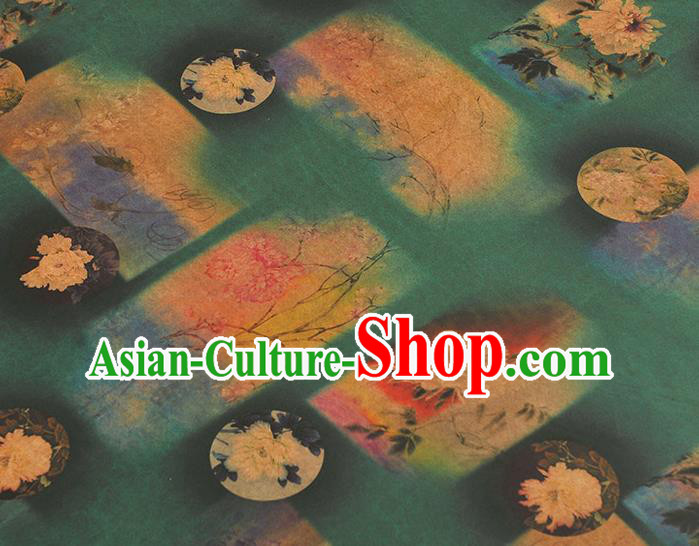 Chinese Cheongsam Green Silk Cloth Gambiered Guangdong Gauze Traditional Peony Pattern Dress Fabric