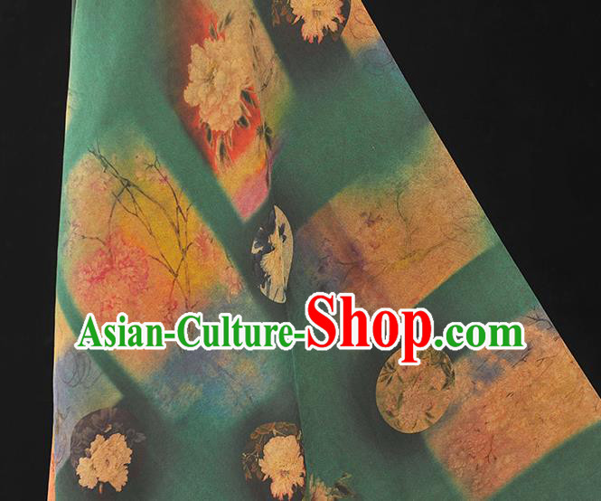 Chinese Cheongsam Green Silk Cloth Gambiered Guangdong Gauze Traditional Peony Pattern Dress Fabric