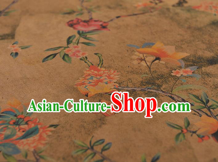 Chinese Khaki Gambiered Guangdong Gauze Traditional Flowers Pattern Dress Fabric Cheongsam Silk Cloth