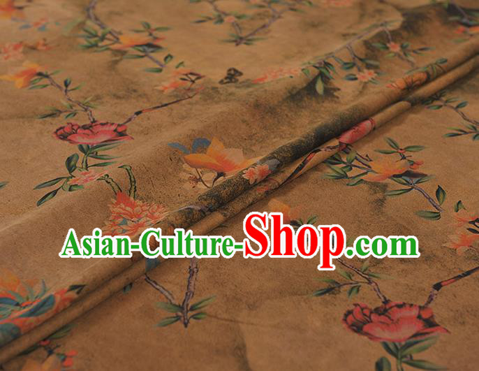 Chinese Khaki Gambiered Guangdong Gauze Traditional Flowers Pattern Dress Fabric Cheongsam Silk Cloth