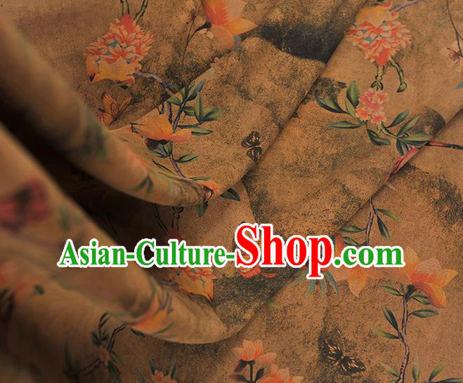 Chinese Khaki Gambiered Guangdong Gauze Traditional Flowers Pattern Dress Fabric Cheongsam Silk Cloth