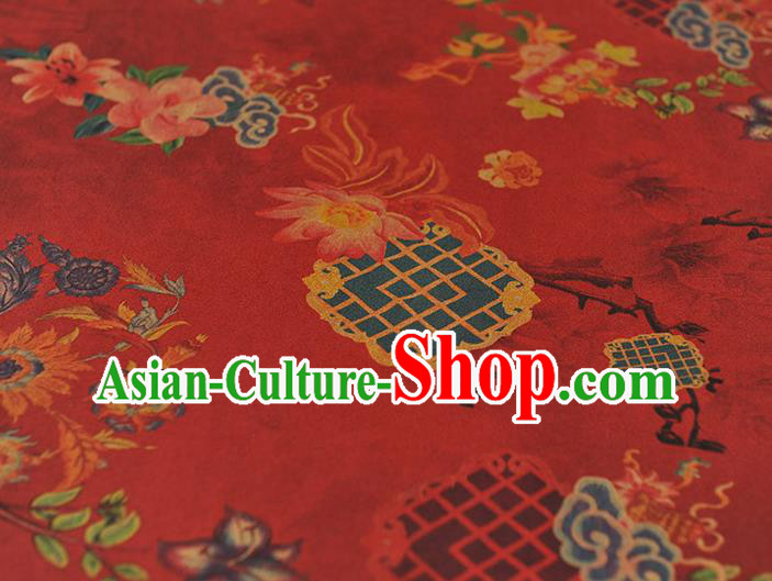 Chinese Traditional Lotus Flowers Pattern Dress Fabric Cheongsam Silk Cloth Red Gambiered Guangdong Gauze