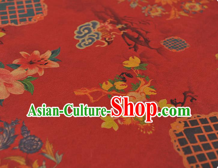 Chinese Traditional Lotus Flowers Pattern Dress Fabric Cheongsam Silk Cloth Red Gambiered Guangdong Gauze