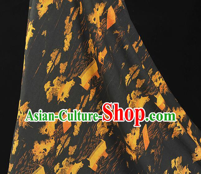 Chinese Cheongsam Silk Cloth Black Gambiered Guangdong Gauze Traditional Landscape Pattern Dress Fabric