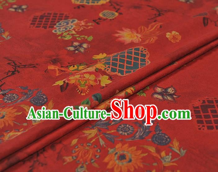 Chinese Traditional Lotus Flowers Pattern Dress Fabric Cheongsam Silk Cloth Red Gambiered Guangdong Gauze