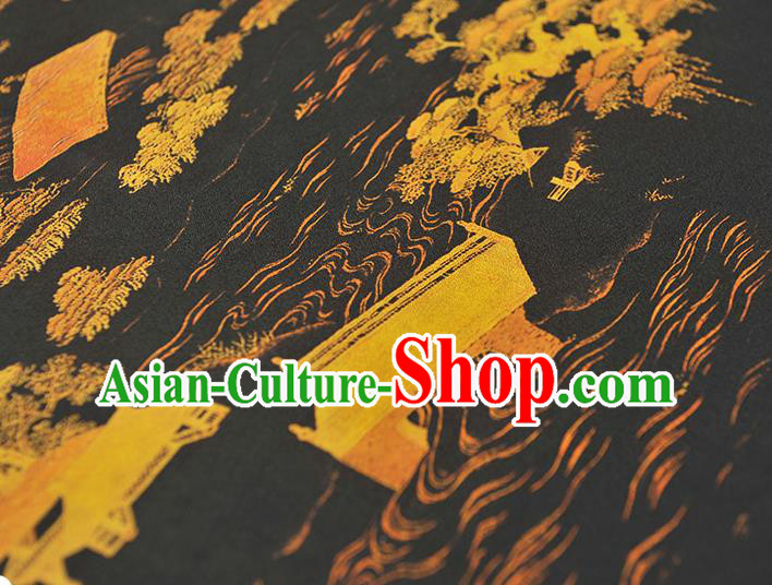 Chinese Cheongsam Silk Cloth Black Gambiered Guangdong Gauze Traditional Landscape Pattern Dress Fabric