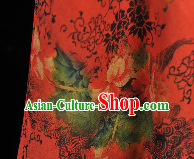Chinese Red Gambiered Guangdong Gauze Traditional Peony Flowers Pattern Dress Fabric Cheongsam Silk Cloth